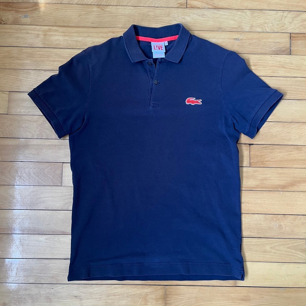 Lacoste LIVE Mens Navy Blue Pique Polo Shirt Red Oversized Logo Size 3 Small